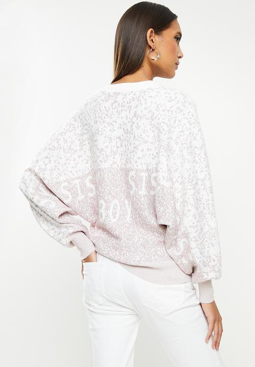 SISSY BOY - Knit sweater with batwing sleeves and all across branding - silver/lilac lurex