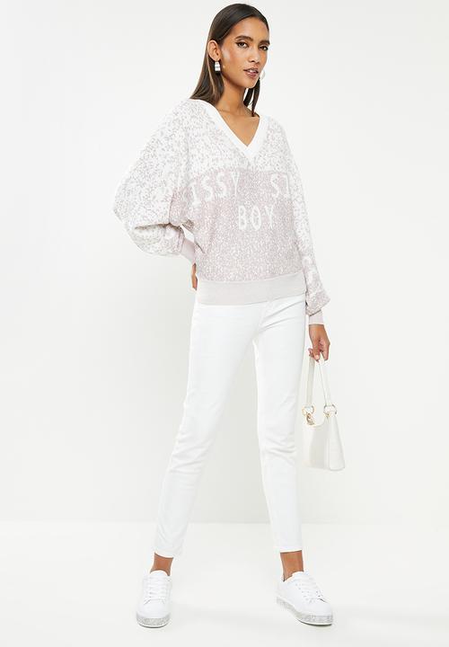 SISSY BOY - Knit sweater with batwing sleeves and all across branding - silver/lilac lurex