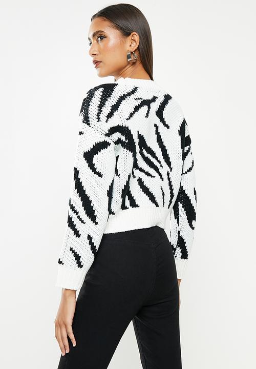 SISSY BOY - Crop chunky animal knit sweater - black & off white