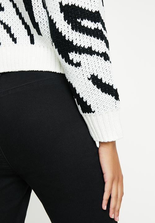 SISSY BOY - Crop chunky animal knit sweater - black & off white