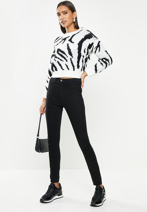 SISSY BOY - Crop chunky animal knit sweater - black & off white