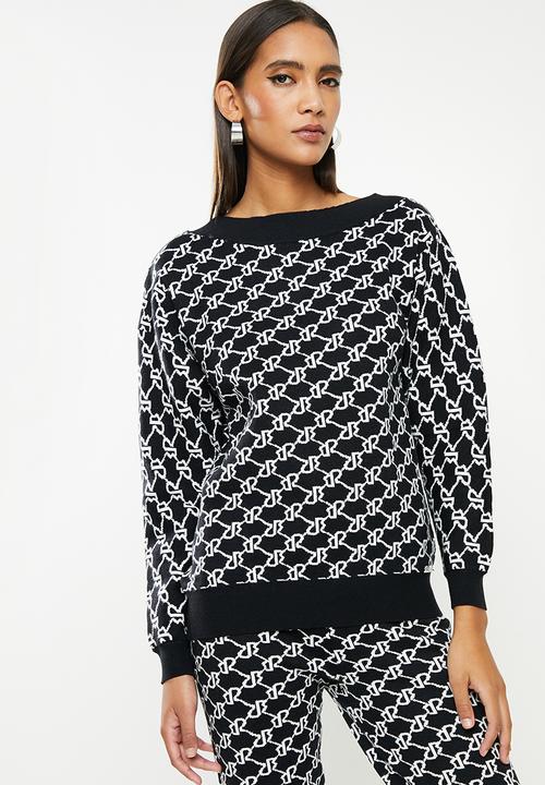 SISSY BOY - Assymmetric off the shoulder branded knit - black & off white