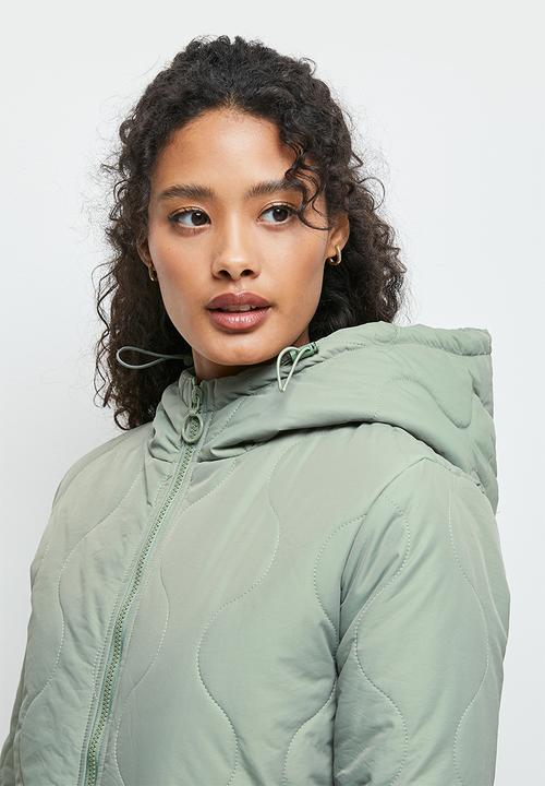 edit - Diagonal quilted hooded puffer jacket - dusty sage