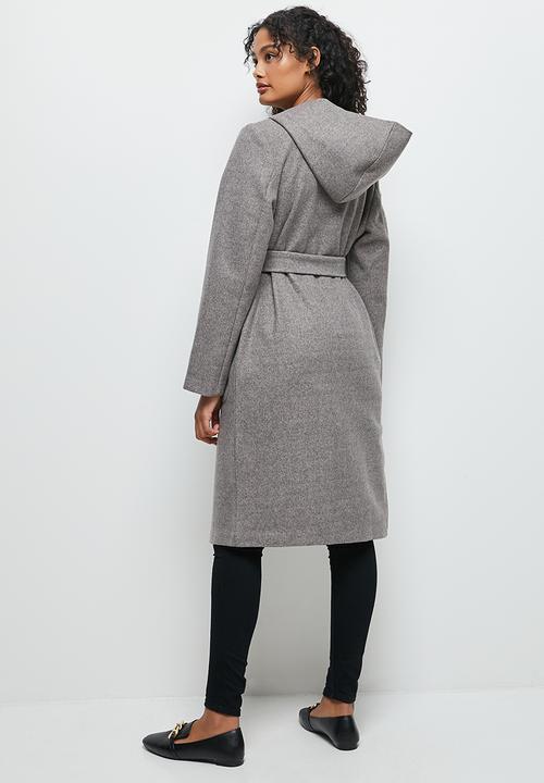 edit - Long hooded belted coat - taupe