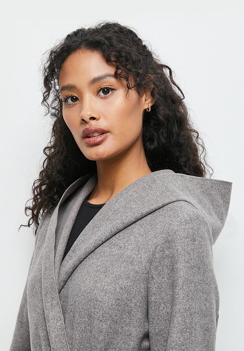 edit - Long hooded belted coat - taupe