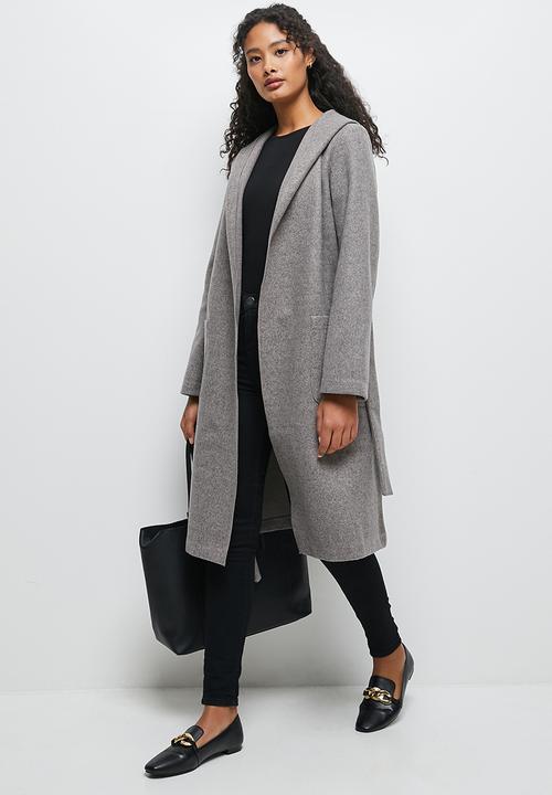 edit - Long hooded belted coat - taupe