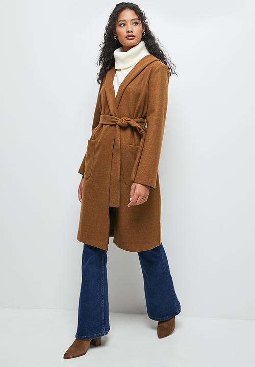 edit - Long hooded belted coat - spice
