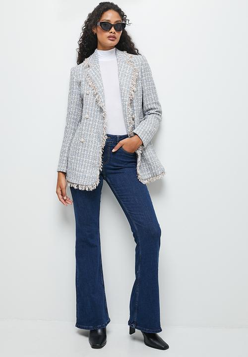 edit - Double breasted tweed blazer - light grey check