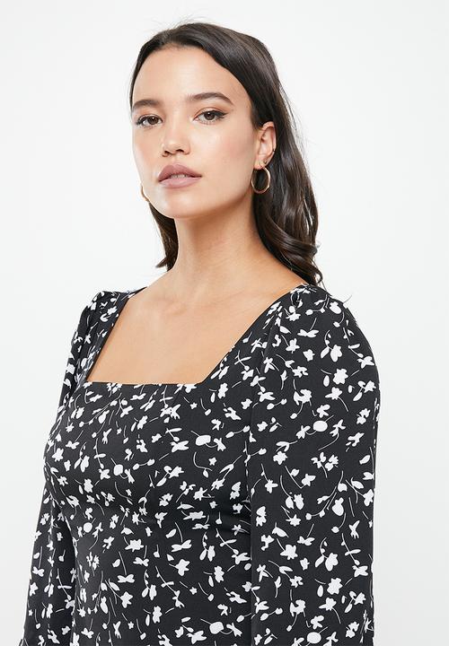 Missguided - Tie back long sleeve floral mini dress - black & white 