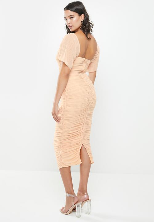Missguided - Ruched short sleeve bardot midi dress - neutral