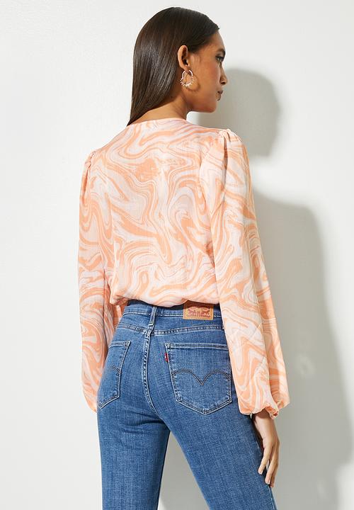 VELVET - Printed wrap neckline knit woven bodysuit - abstract print