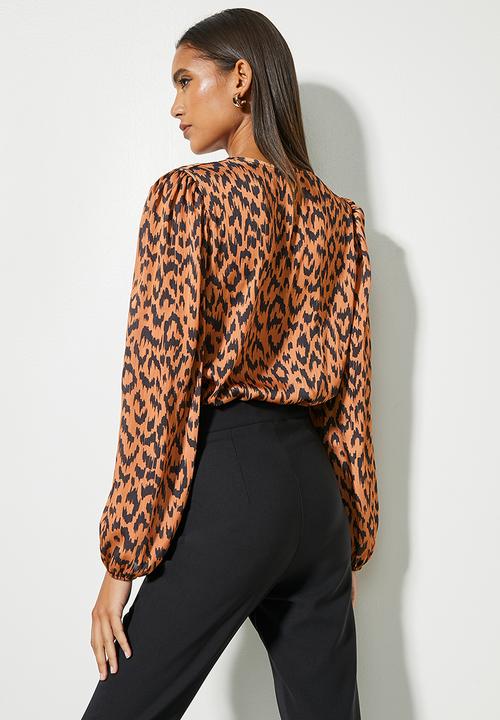 VELVET - Printed wrap neckline knit woven bodysuit - animal print