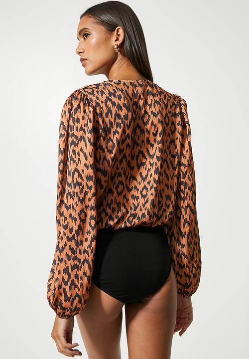 VELVET - Printed wrap neckline knit woven bodysuit - animal print