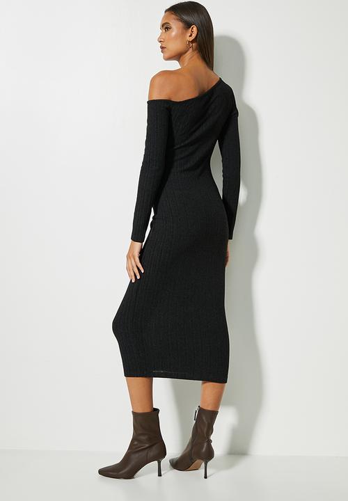 VELVET - Cut out shoulder knit midi - black
