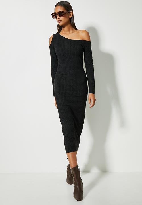 VELVET - Cut out shoulder knit midi - black