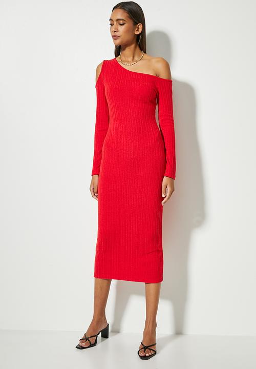VELVET - Cut out shoulder knit midi - red