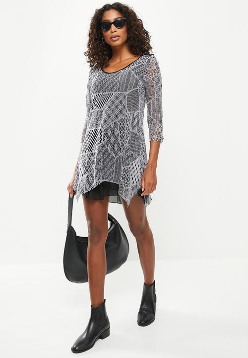 Stella Morgan - Multi-pattern net dress with tiered hem - black & grey 
