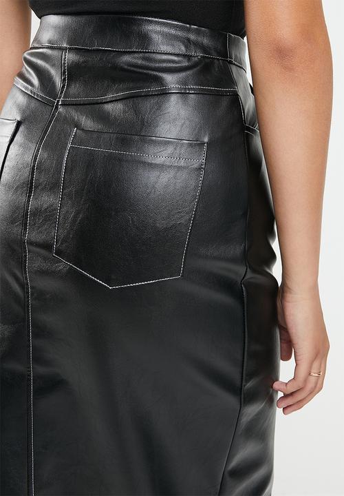 Missguided - Pu stitch contrast seam midi skirt - black