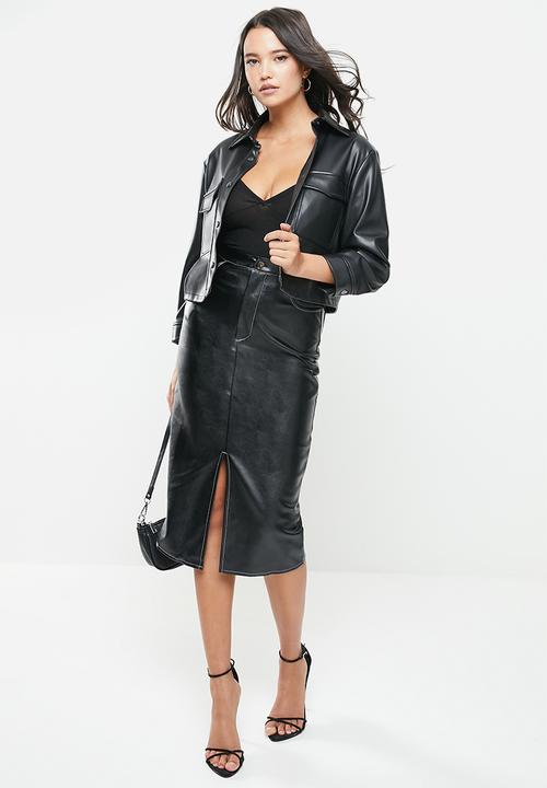 Missguided - Pu stitch contrast seam midi skirt - black