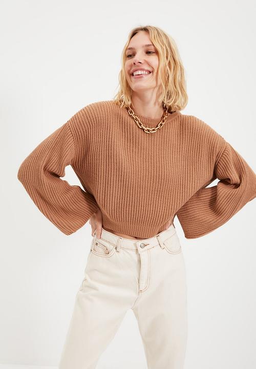 Trendyol - Crop spanish sleeve knit sweater - camel