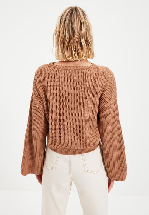 Trendyol - Crop spanish sleeve knit sweater - camel