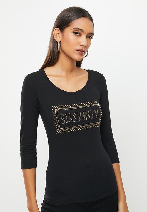 SISSY BOY - Basic round neck, fitted, 3/4 sleeve top with bling logo - black