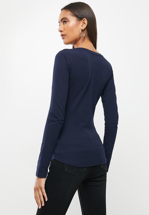 SISSY BOY - Basic round neck fitted long sleeve top with mixed foil print and bling artwork - navy