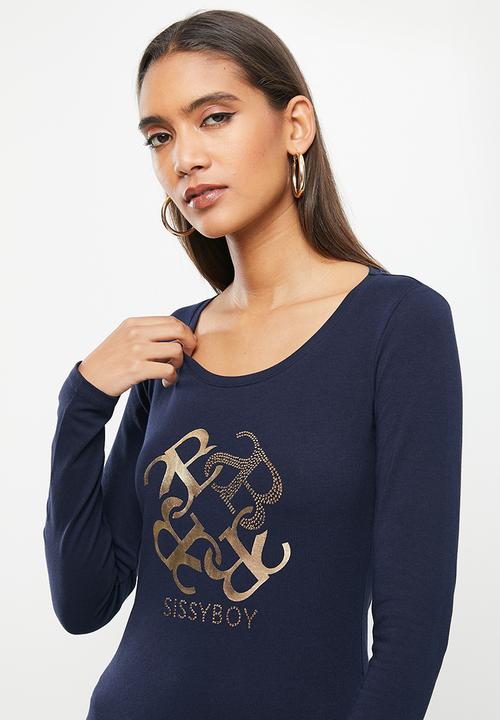 SISSY BOY - Basic round neck fitted long sleeve top with mixed foil print and bling artwork - navy