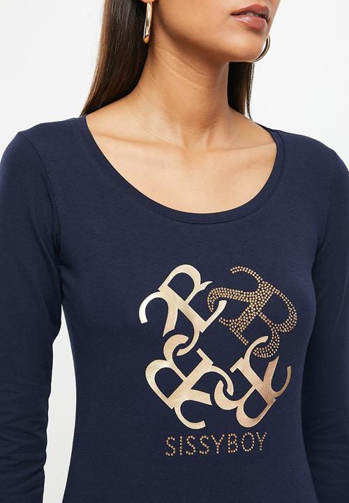SISSY BOY - Basic round neck fitted long sleeve top with mixed foil print and bling artwork - navy