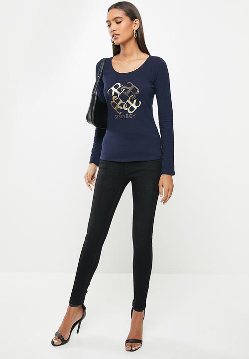SISSY BOY - Basic round neck fitted long sleeve top with mixed foil print and bling artwork - navy