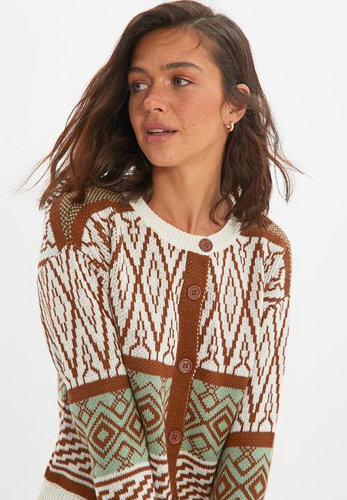 Trendyol - Geometric jacquard knitwear cardigan  - brown