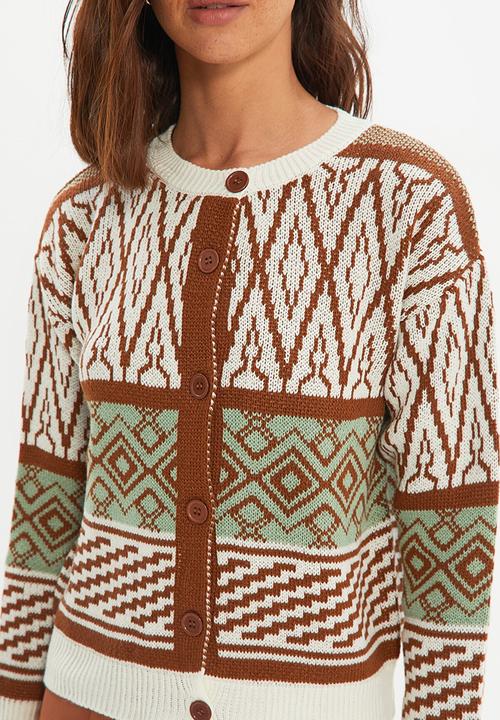 Trendyol - Geometric jacquard knitwear cardigan  - brown
