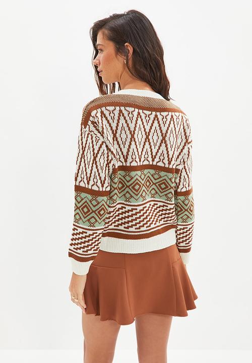 Trendyol - Geometric jacquard knitwear cardigan  - brown