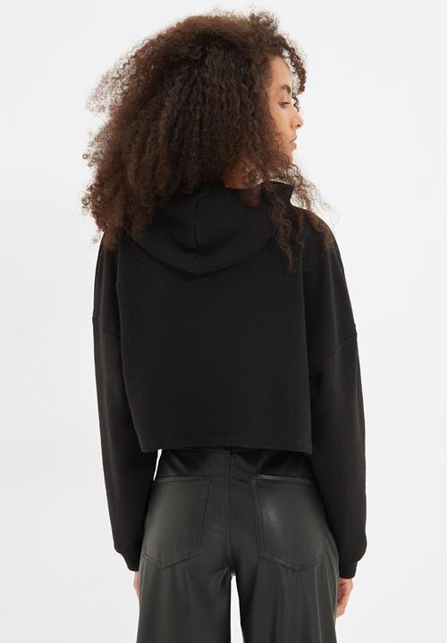 Trendyol - Emoji licensed printed crop hoodie knitted sweatshirt  - black