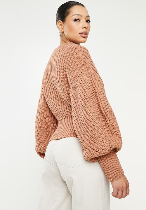 Missguided - Handknit cinch waist balloon sleeve jumper  - camel