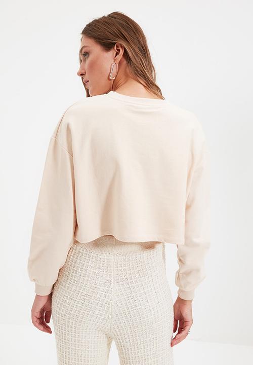 Trendyol - Embroidered raised crop knit sweatshirt - beige