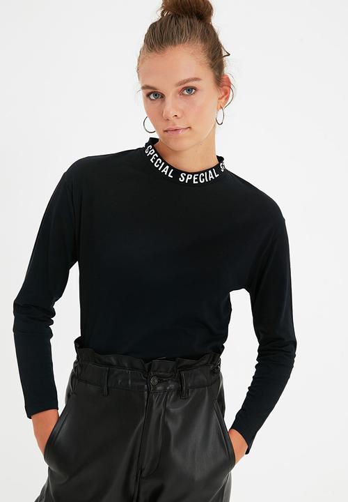Trendyol - Printed basic long sleeve knitted t-shirt - black