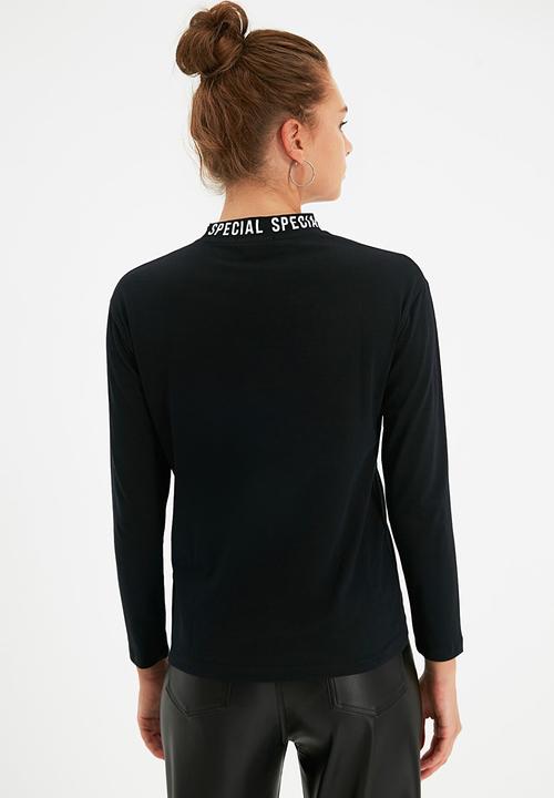 Trendyol - Printed basic long sleeve knitted t-shirt - black