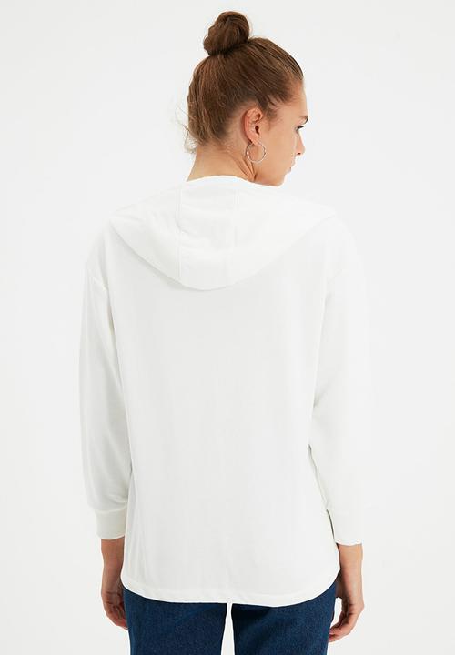 Trendyol - Hooded loose knit thin sweatshirt - ecru
