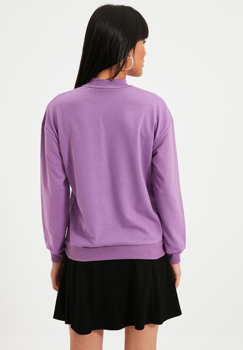 Trendyol - Printed stand up collar slim sweatshirt - lilac