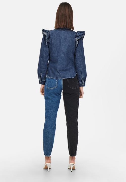 ONLY - Indigo life long sleeve frill denim shirt - medium blue denim