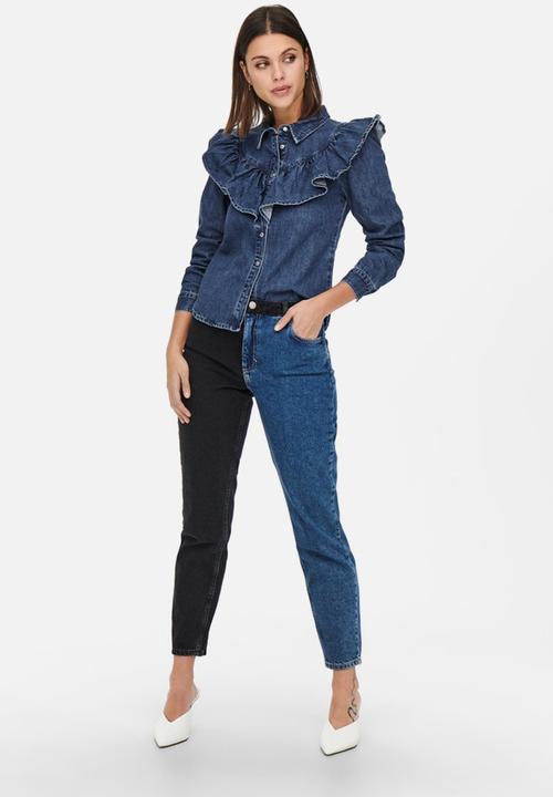 ONLY - Indigo life long sleeve frill denim shirt - medium blue denim