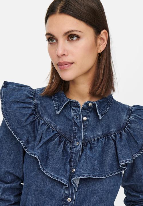 ONLY - Indigo life long sleeve frill denim shirt - medium blue denim