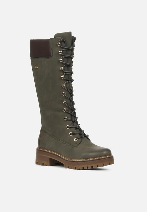 Miss Black - Fox4 knee length lace-up boot - olive