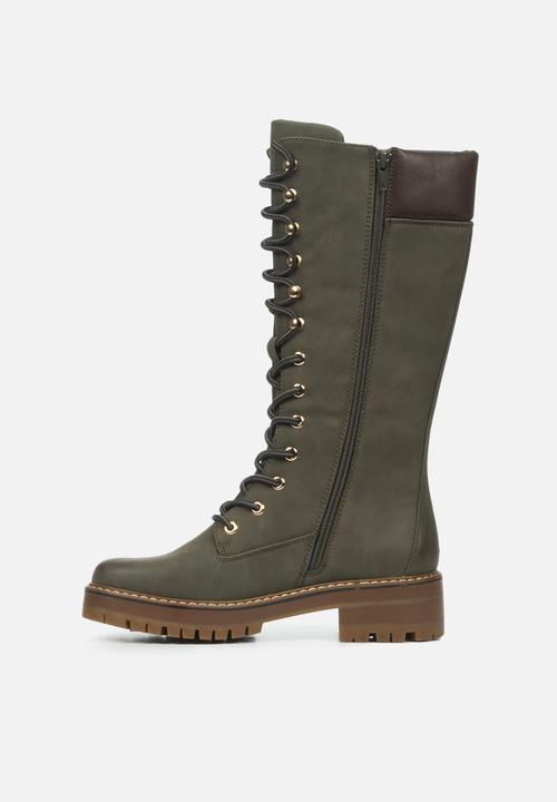 Miss Black - Fox4 knee length lace-up boot - olive