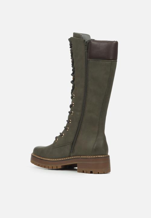 Miss Black - Fox4 knee length lace-up boot - olive