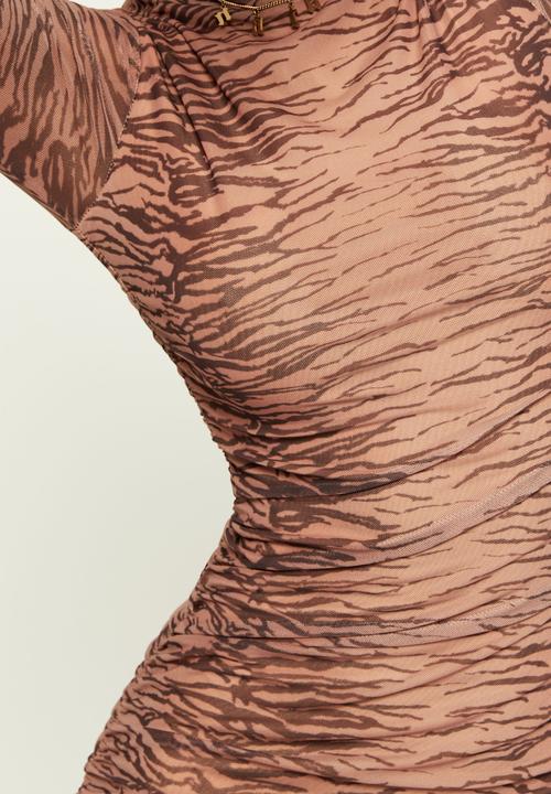 Supré  - Kaia ruched long sleeve mesh dress - carrie tiger camel