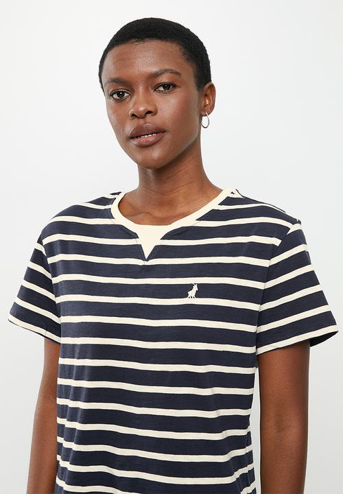 POLO - Wmn short sleeve stripe tee - navy & white