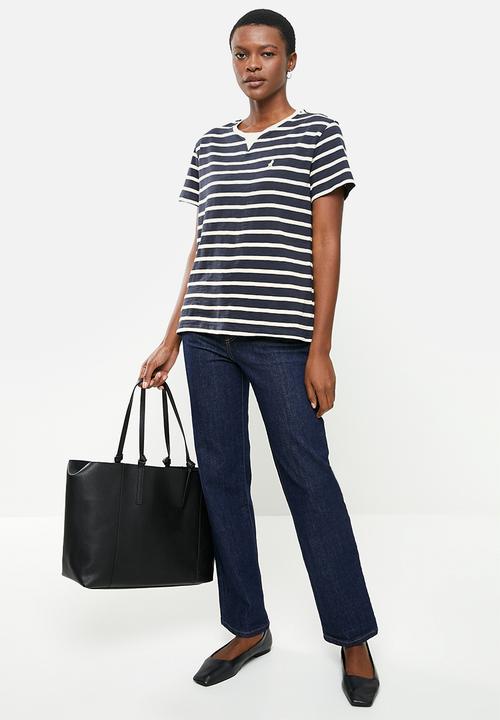POLO - Wmn short sleeve stripe tee - navy & white