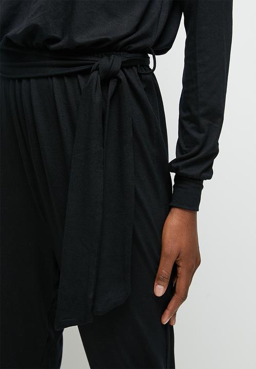 edit - V-neck knit belted jumpsuit - black